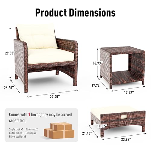 Pamapic 5 Pieces Outdoor Patio Wicker Chairs Set with Ottoman, Outside Conversation Furniture Set with Cushions and Coffee Table for Balcony Porch Lawn Garden (Cream Cushion+ Umber Rattan)