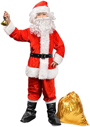 Novint Children’s Santa Suit Costume for kids Red Deluxe Velvet Santa Suit Halloween Christmas Party Cosplay Costome (9PCS) (L, Red)