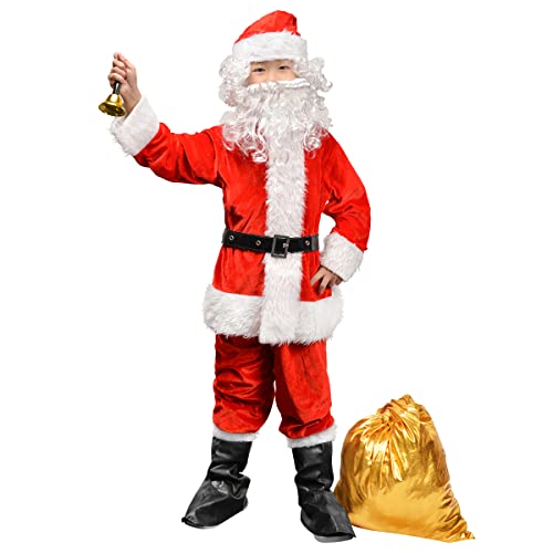 Novint Children’s Santa Suit Costume For Kids Red Deluxe Velvet Santa Suit Halloween Christmas Party Cosplay Costome (9Pcs) (L, Red) #TOP23