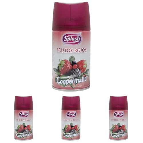 SPLASH | Spray Aromatizador | Recambio Automático | Ambientador Coopermatic Duradero, Refresca y Elimina Olores | Fragancia Fresca Frutos Rojos | Agitar Antes de Usar | 250 ml (Paquete de 4)