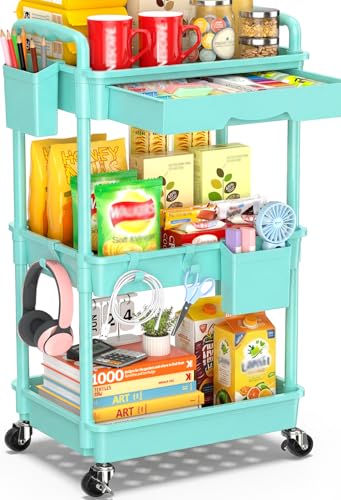 Image of SUNALLY 3-Tier Rolling Cart with Drawer & Lockable Wheels, Bathroom Storage Organizer Multifunctional Rolling Storage Cart for Bathroom, Kitchen, Office, Craft, Makeup, Baby Essentials, Blue