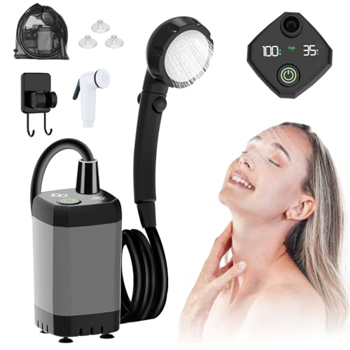 Tragbare Campingdusche, Camping Dusche Pumpe mit Wiederaufladbarem 6000mAh Akku und Temperaturanzeige,Multifunktionale Duschkopf und 2M Schlauch, für Camping Reisen Wandern Garten