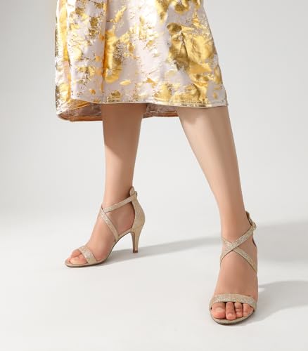 Image of Ankis Nude Gold Black Heels Strappy Heels for Women 3 Inch Stiletto Open Toe Sandals for Wedding Evening Party Homecoming
