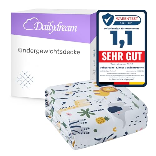 Dailydream Kinder Gewichtsdecke | 104x150 | 3,2 kg | Motiv Safari | aus 100% Baumwolle | mit Glasperlenfüllung | schwere Decke zum Schlafen | Weighted Blanket | Therapiedecke | Körpergewicht 35-55 kg