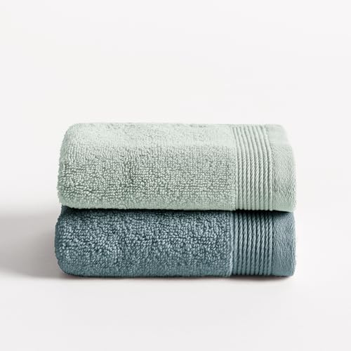 BOHEME | Juego de 2 Toallas Bicolor de Lavabo Harmony | Azul Hielo y Agua | 2 (50x100) | 100% Algodón Zero Twist | 600 g/m² | Suaves, Absorbentes y de Secado Rápido | Lavables a Máquina | Uso Diario