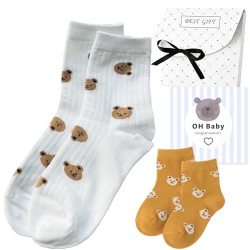 AIKOBAA Mother and Baby Matching Socks Gift Set - OH Baby Congratulations Card & Gift Box Newborn Baby Shower Present for Mum to Be Push Present New Mom Maternity Gift (White+Brown)