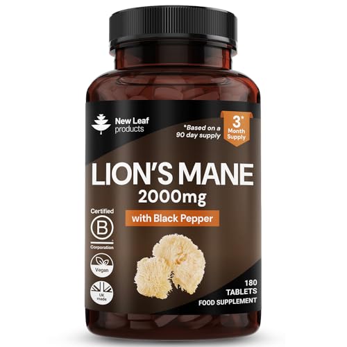 Löwenmähne Pilz Extrakt 2000 mg - 180 Hochwirksame Vegane Lions Mane Mushroom Tabletten mit Schwarzem Pfeffer - Kein Pulver oder Kapseln - Hergestellt in Großbritannien von New Leaf Products