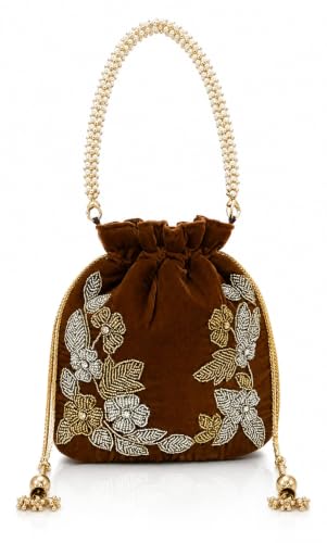 Image of Velvet Potli Bag with Golden & Silver Beaded Flower Embroidery - Handcrafted Ethnic Drawstring Bag for Weddings, Parties & Festive Gifts - Beaded Handle & Tassels for Women