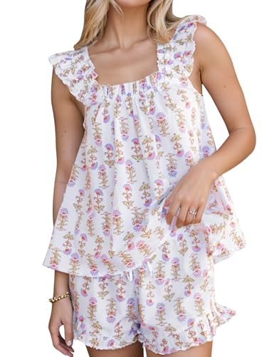 Image of Kissonic Womens Ruffle Pajamas Set 2 Piece Summer PJs for Women Floral Pajama Ruffle Trim Cami Top and Shorts Lounge