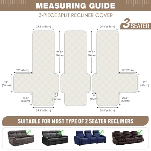Image of TAOCOCO 100% Waterproof Recliner Sofa Cover, Non Slip Split Couch Covers for Reclining Couches with Elastic Straps(3 Seater, Cream)