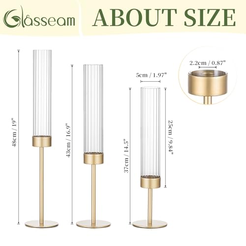 Glasseam Gold Hurricane Taper Candle Holders, 3 Pcs Candlestick with Glass - Image 5