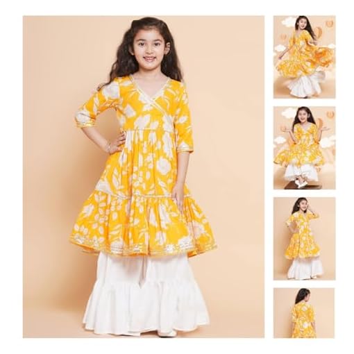 Little Zing Girls Cotton Kurta Sharara Set - Multi-Floral Angrakha Style with Gotta Patti for Festivals & Celebrations