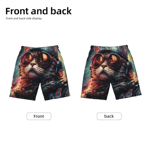 Boys Swim Trunks Beach Board Shorts Summer Bathing Suits Teen Kids, Space Laser Cat Cool Rainbow2