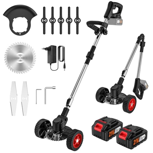 Desbrozadora Electrica de 21 V, Desbrozadora a Batería con batería 3,0 Ah, 3 Tipos de Cuchillas, Cortabordes electrico telescópica, con Cintura para jardín, césped, Granja (2 x batería)