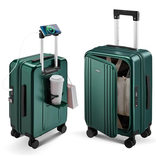 CASELLY Carry On Luggage Top Opening with Cup Holder & Phone Holder Expandable PC Hard Shell Suitcase USB Charging Port Side Hook 360 Spinner Wheels TSA Lock & YKK Zippers for Fathers Day Gift