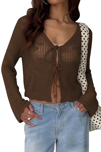 Image of Balimtoy Women Tie Front Cardigan Crochet Sweater Crop Tops Cute Bell Long Sleeve Knit Shrug Beach Vacation Cover Up