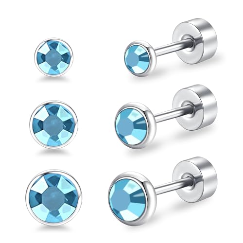 Artskin Damen Ohrstecker Titan Mädchen Frauen Flatback Ohrringe Hypoallergen Kristall Herren Ohrringe Silber Knorpel Ohrring 3mm/4mm/5mm (Aquamarine)