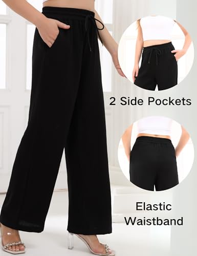 Aphratti Wide Leg Pants for Women Flowy Drawstring Elastic Waist Summer Pants Black X-Large - image 4