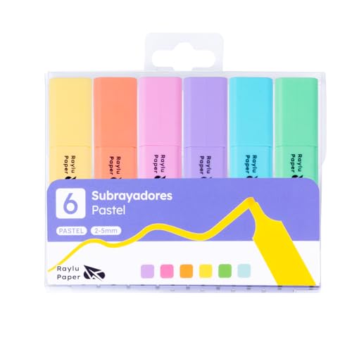 RAYLU PAPER – Subrayadores Fluorescentes con Punta Biselada, Pack de Marcadores Fluorescentes con Trazo de 2-5mm, Rotuladores Fluorescentes para Estudio, Oficina y Organización (Pastel, 6 ud)