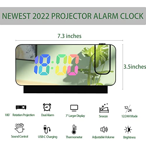 Kiahin Colorful Led Projection Alarm Clock With Projection On Ceiling, Projection Alarm Clock For Bedrooms, With Usb Charger Port,12/24H,Snooze, Mirror Led Loud Alarm Clock For Kids Girl Boy Elderly #TOP2