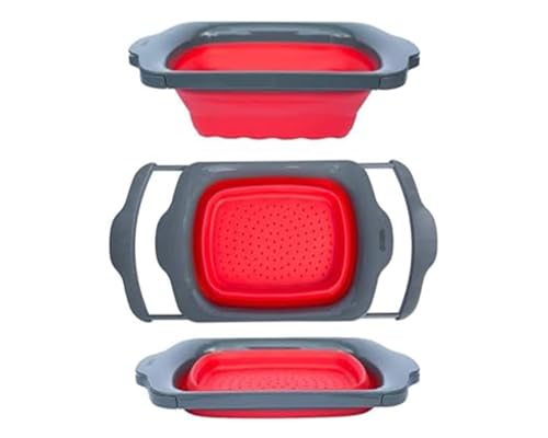 Comfify XL Large Kitchen Strainer - Collapsible Silicone Over-The-Sink Colander with Extendable Handles - Use with Pasta, Fruit, Berries & Veggie - 6 Quart - Red