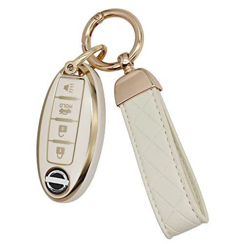 SUNCARACCL for Nissan Key Fob Cover with Leather Keychain Soft TPU Full Protection Key Case Shell for Nissan Altima Maxima Rogue Armada Pathfinder Smart Key 4 Buttons (White)