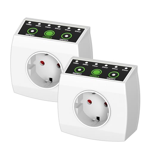 HBN 2er Countdown Timer Steckdose Zeitschaltuhr mit Countdown in 6 Stufen(15min bis 6h) Energiespar-Steckdose mit Repeat-Funktion & Kindersicherung 16A/3.680W