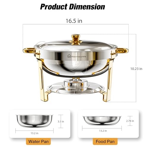 WARMOUNTS Gold & Silver Chafing Dishes for Buffet (5QT, 6 Pack) - Food-Grade Stainless Steel Chafers and Buffet Warmers Sets with Lid Holder, Rolled Edge Design, for Party, Banquet