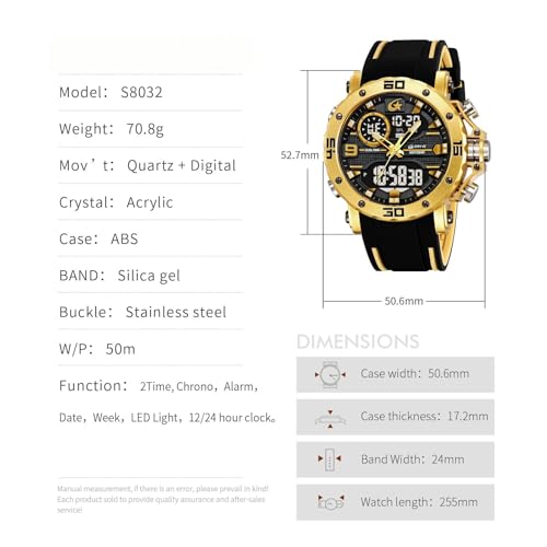 CARLIEN Men's Multifunction Colorful Military Sports Analog Digital Watch LED Backlight Big Face Silicone Band Auto Date Stopwatch 50M Waterproof Outdoor Fashion Wristwatch (Black Gold) by CARLIEN - Used condition - Image 6