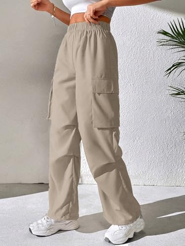 Image of GRECIILOOKS High Waist Cotton Trousers for Women - Flared Parachute Pants with Side Pockets | Casual Travel Cargo Pants