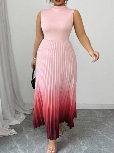 Image of SOLY HUX Women's Plus Size Summer Ombre Sleeveless Flowy Maxi Dress | Birthday, Pleated A Line, Mock Neck, Formal Outfits,Cocktail, Wedding, Graduation