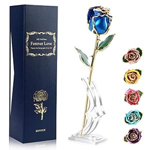 Ejoyous 24K Gold Rose Blue Fresh Rose Dipped in 24 Karat Gold with Rose Stand, Natural Shape Rose Flower for Women Mom…