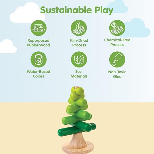 Image of PlanToys Montessori Wooden Tree Stacking Toy | Educational Color Sorting & Fine Motor Skill Playset for Toddlers | Sustainable & Safe Wooden Learning Toy