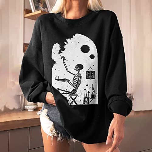 Sudadera de Gran tamaño de Lana de Manga Grande com Cuello Redondo e Calavera de Verano e otoño para