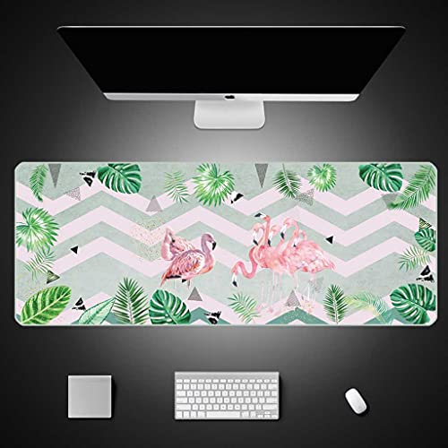 Tapis de souris gaming XXL 100x50 cm motif flamant rose et feuilles vertes pour bureau PC