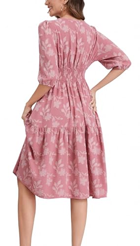 Image of Kormei Women Casual Boho Floral Round Neck 3 /4 Sleeve Smocked Waist Tiered A Line Flowy Swing Midi Dress Long Dresses