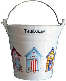 Beach hut design Bucket teabag tidy, porcelain bucket teabag tidy