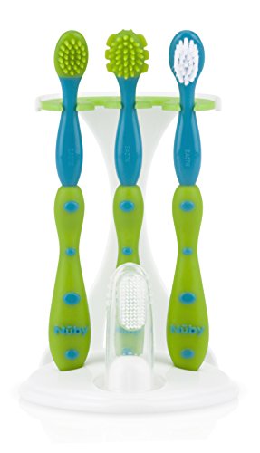 Image of Nuby 4-Stage Oral Care Set with 1 Silicone Finger Massager, 2 Massaging Brushes, 1 Nylon Bristle Toddler Tooth Brush, Green/Aqua