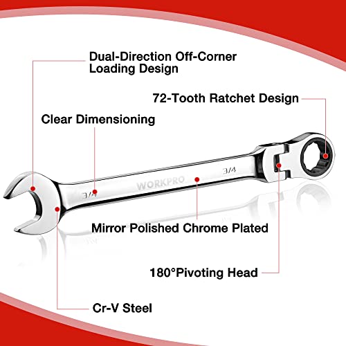 Image of WORKPRO 8-piece Ratcheting Combination Wrench Set, SAE & Polished | SAE 5 /16-3 /4 inch, 180 Flex-Head, 72-Tooth Ratchet, Cr-V Steel, Roll Up Pouch for Auto Repair & Home DIY