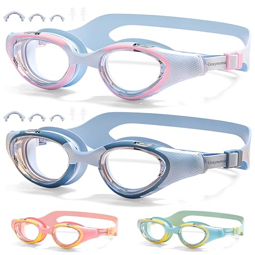 Graynoma Kid Swim Goggles 2 Packs - Anti-Fog UV Protection for Kids Girls Boys Teens for Indoor &Outdoor Swimming (Blue and Pink-1)