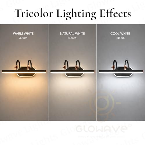 Image of Glowave Classic Metal Black Rose Gold LED Mirror Light Vanity Bathroom Picture Light - Tricolour (Warm White, White, Natural White) (575B /18+3W)