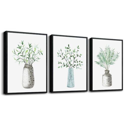 AHUASJART Wall Decoration For Living Room Family Wall Decor For Bedroom Black Framed Canvas Wall Art Paintings For Kitchen Dining Room Decor Green Leaf Vase Wall Pictures Artwork Home Walls 3 Piece