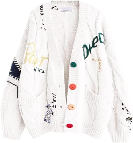 Image of yoeasy Women's Embroidery V Neck Knit Cardigan Sweater Loose Open Front Button Down Long Sleeve Sweater