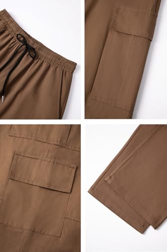 THWEI Mens Cargo Pants Drawstring Elastic Waist Casual Baggy Pant Streetwear Multi Pockets Brown XL4