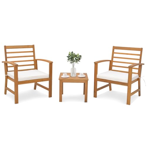 COSTWAY 3tlg. Terrassenmöbel-Set Akazienholz, 2 Gartenstühle mit Kissen und Kaffeetisch, Bistroset Sitzgarnitur für Veranda, Hof, Balkon & Poolbereich (59 x 61 x 80 cm)