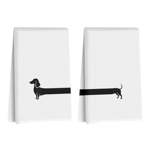 Image of 2 Pcs Dachshund Kitchen Towels 24x14 Inch, Dachshund Gifts Reusable Dish Towels for Kitchen Bathroom Decor, Waffle Weave Absorbent Hand Cloth Tea Towel, Funny Weiner Dog Gifts for Women Friend