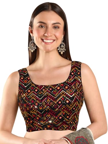 Chandrakala Sequin Embellished Readymade Saree Blouse for Women Black Red X-Large (B228BLA5)