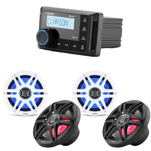 Clarion CMM-10 Marine Source Unit with (2) CMS-651RGB-SWB 6.5-inch LED RGB Marine Coaxial Speakers, Sport Grilles