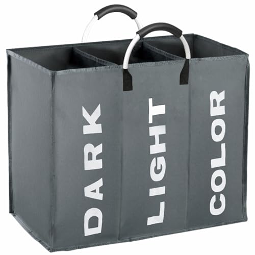 Easy Funny 3 Section Laundry Basket Dark Light Color Canvas Storage Washing Hamper Bin (Dark Grey)
