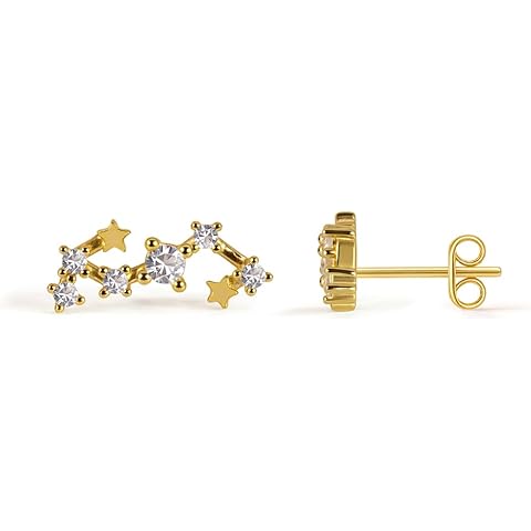 925 Sterling Silver Constellation Post Earrings for Women, 18K Gold Plated Zodiac S...